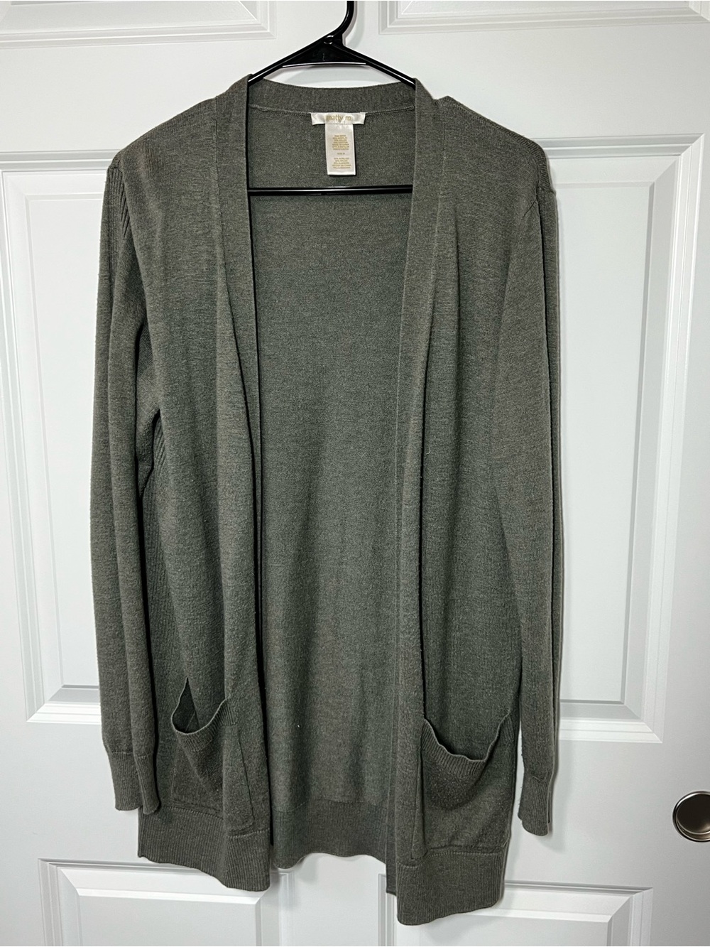 Matty M Long Open-Front Dark Sage Green Cardigan Sweater Pockets Womens Medium